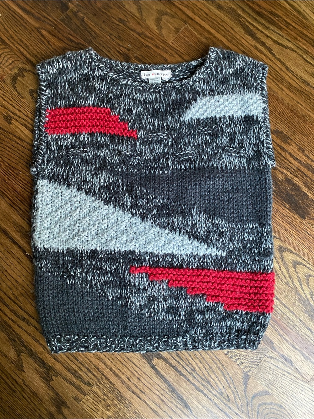 Vintage Bon Magique Knit Crewneck Sweater Vest in Charcoal, Gray & Red